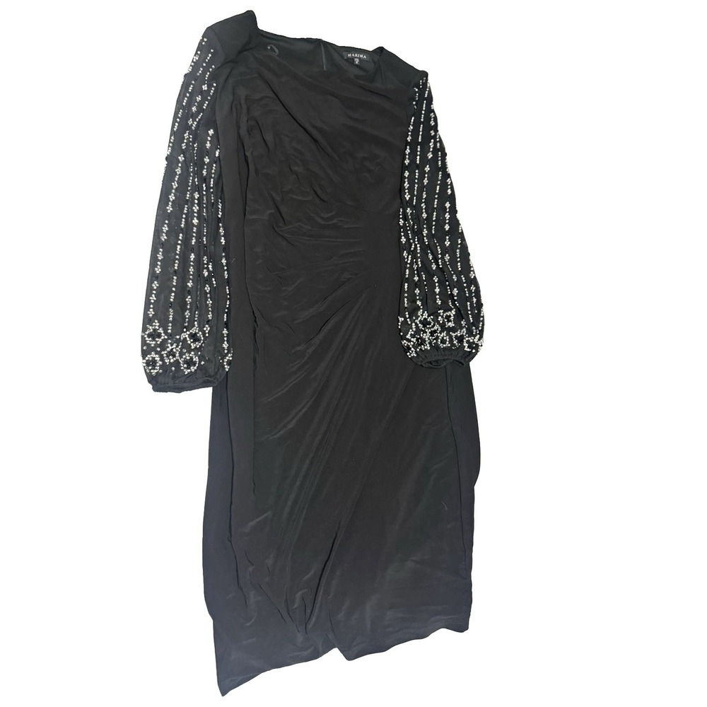 Marina Women's Black Shift V-Neck Beaded Balloon Sleeve Midi Dress Size 16